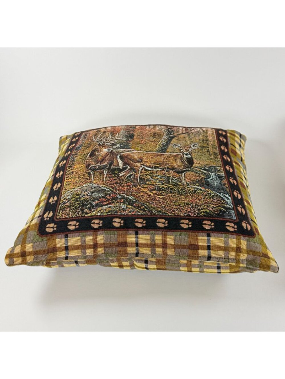Rivers Edge Products Tapestry Throw Pillows 18x18 Inch Brown Plaid With Deer Pai - Picture 3 of 8